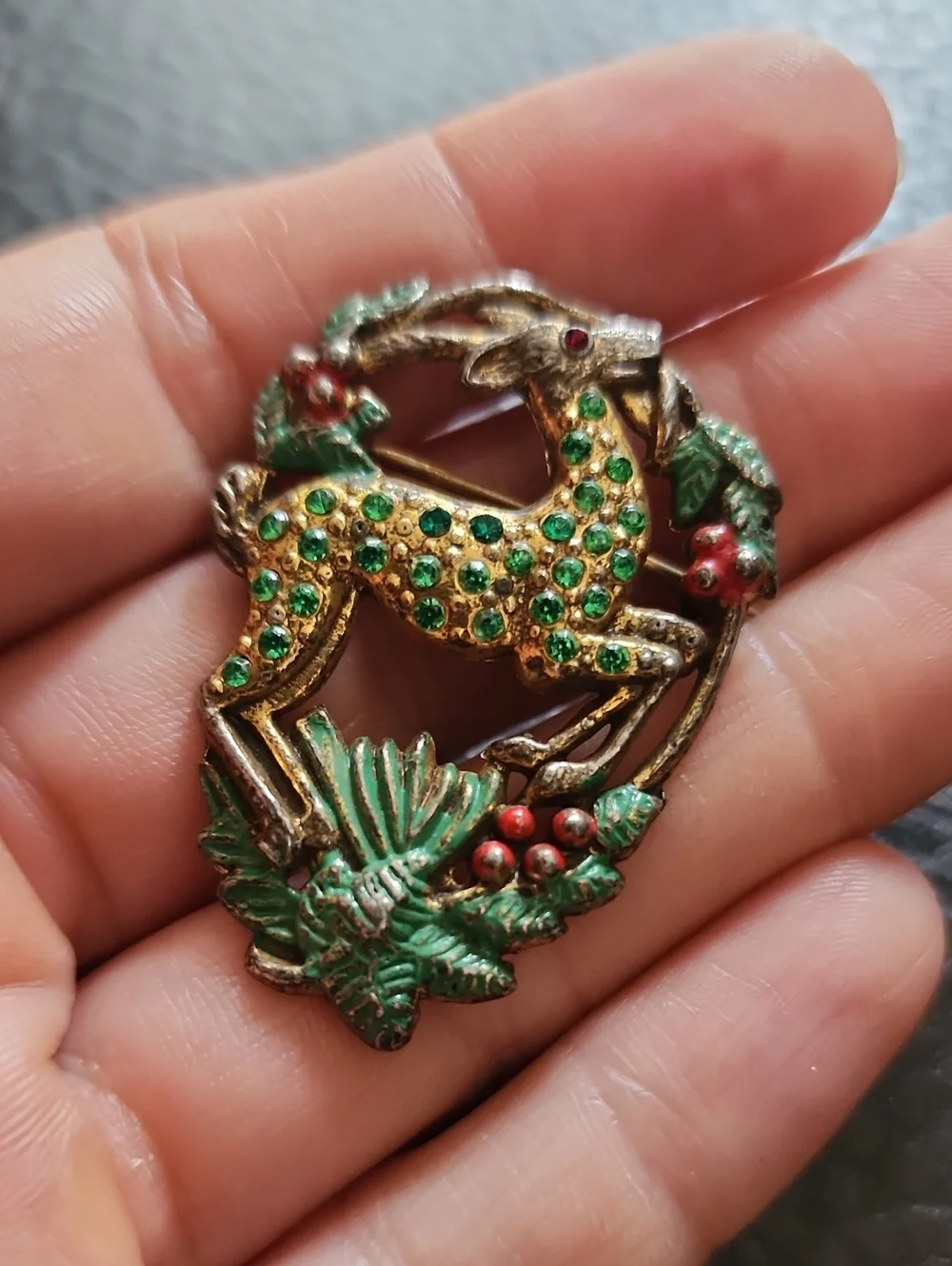 Vintage Green Crystal Reindeer Brooch
